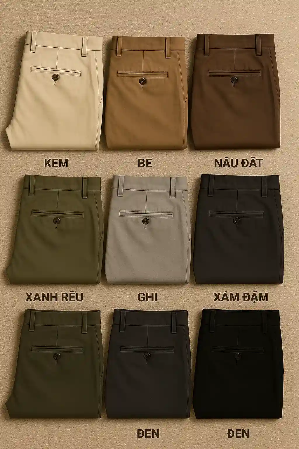 Quần Kaki Trung Niên Cao Cấp - Phong Cách Lịch Lãm 2 anh-bang-mau-cac-loai-quan-kaki.