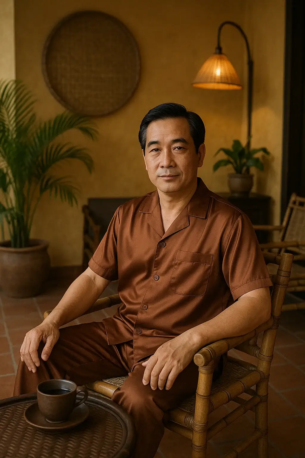 Đồ Bộ Tuổi Trung Niên - Phong Cách Lịch Lãm U50+ 1 ảnh Một Quý ông Trung Niên Mặc đồ Bộ Lụa Trong Không Gian Nghỉ Dưỡng