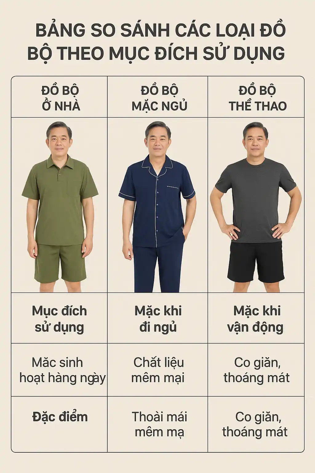 Những mẫu đồ bộ trung niên đẹp phong cách 3 Bang So Sanh Cac Loai Do Bo Theo Muc Dich Su Dung