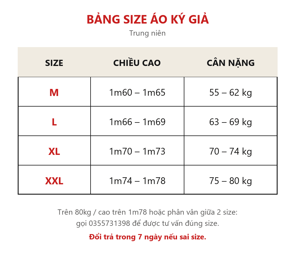 Bảng size Áo Ký Giả Nam Trung Niên Manza Luxury
