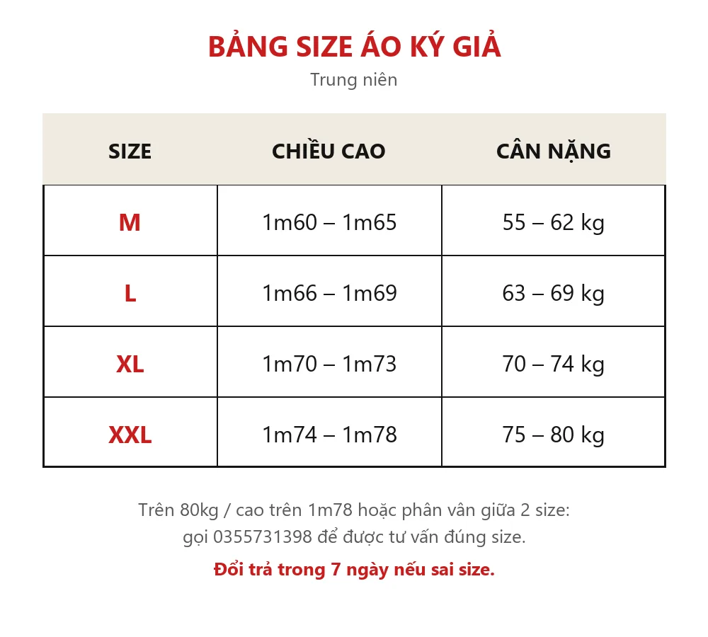 Bảng size Áo Ký Giả Nam Trung Niên Manza Luxury