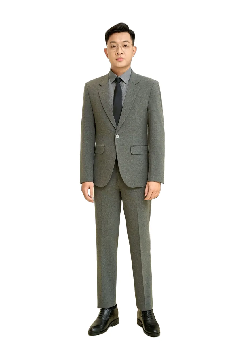 Bộ vest nam mã 229 màu xám rêu ánh xanh nhẹ, 1 khuy, ve áo nhọn