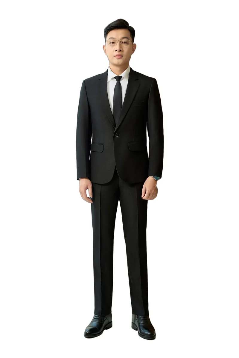 Bộ vest nam mã 231 màu đen, 1 khuy, ve áo nhọn