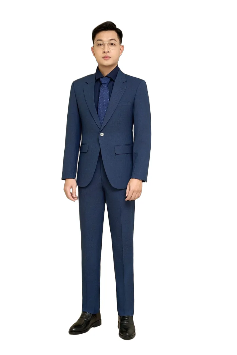 Bộ vest nam mã 233 màu xanh dương đậm, 1 khuy, ve áo nhọn