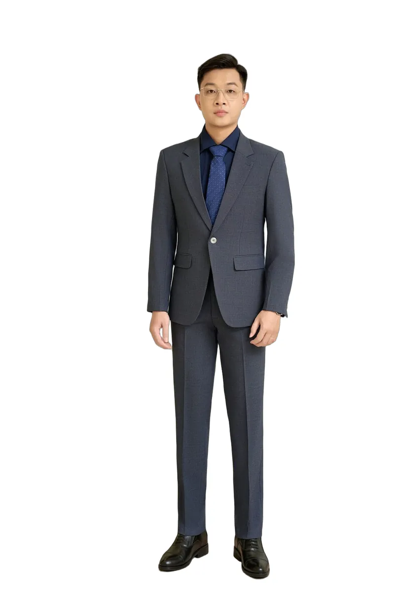 Bộ vest nam mã 235 màu xanh xám ánh thép, 1 khuy