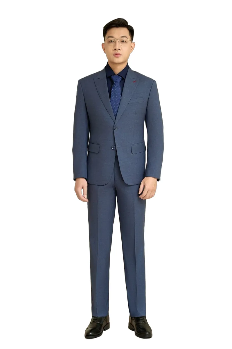 Bộ vest nam mã 520 màu xanh dương trung, 2 khuy
