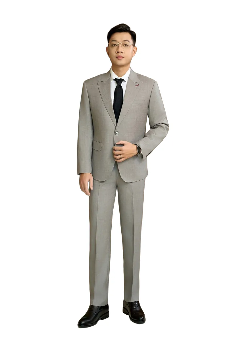 Bộ vest nam mã 571 màu xám be nhạt, 1 khuy