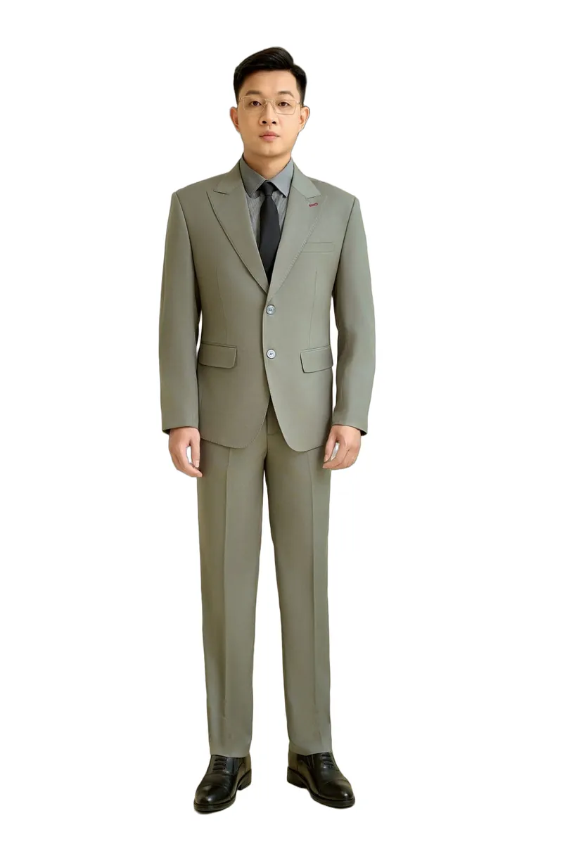 Bộ vest nam mã 580 màu xanh rêu/oliu nhạt, 2 khuy