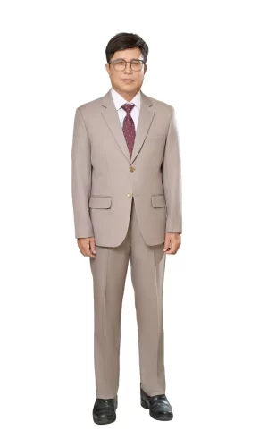 Bộ vest nam trung niên HG105 màu be hồng, dáng toàn thân, phối sơ mi trắng và cà vạt