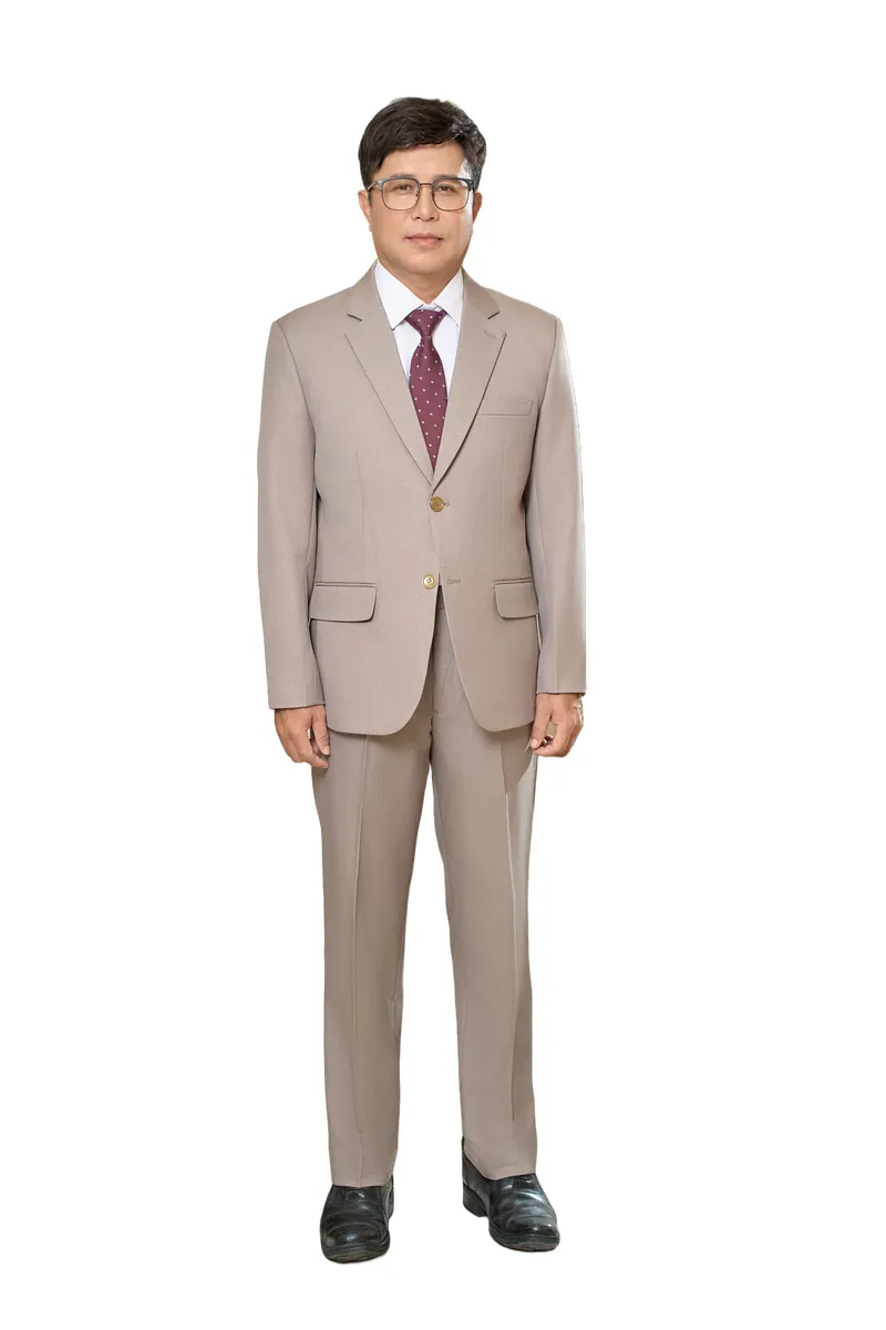Bộ vest nam trung niên HG105 màu be hồng, dáng toàn thân, phối sơ mi trắng và cà vạt