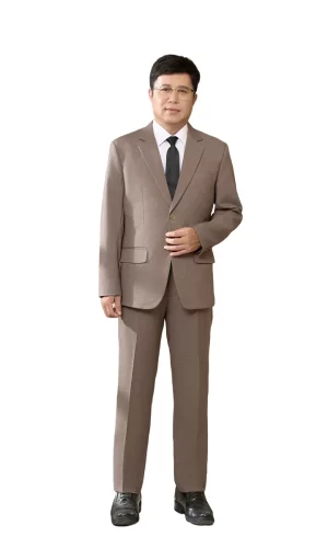 Bộ vest nam trung niên HG106 màu nâu, dáng toàn thân, phối sơ mi trắng và cà vạt