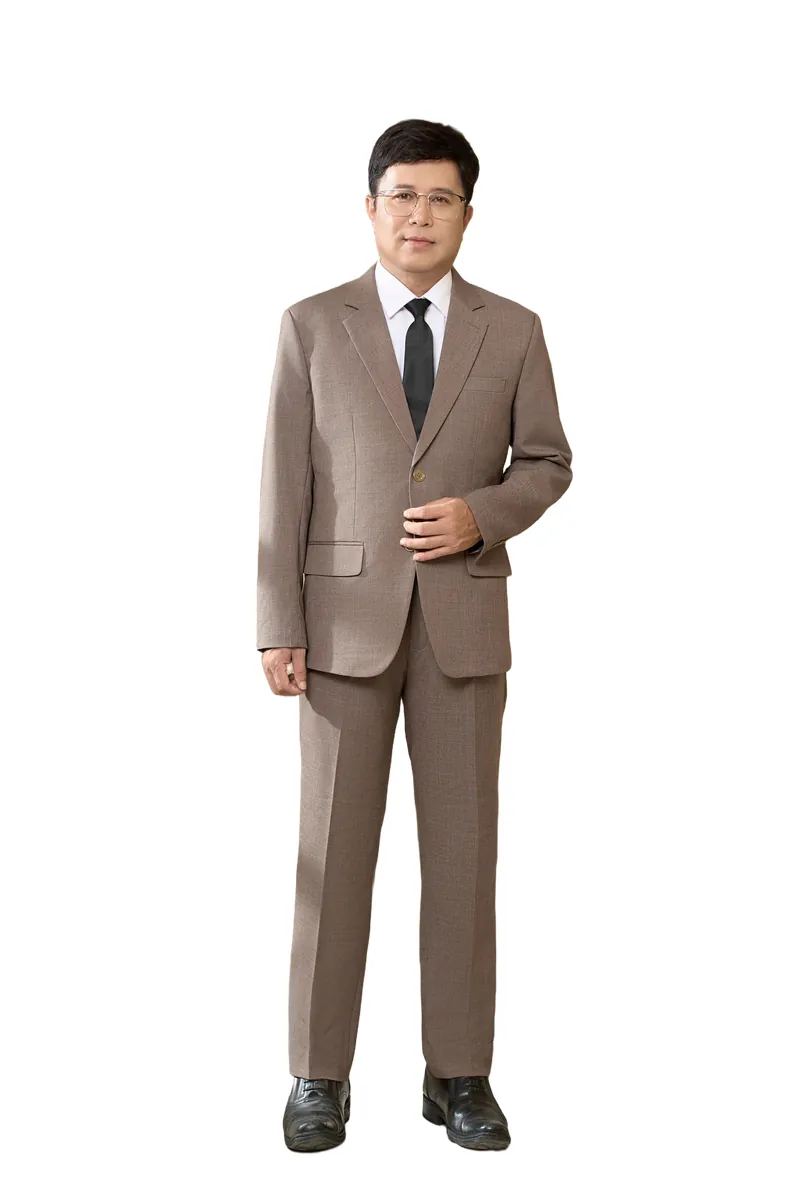 Bộ vest nam trung niên HG106 màu nâu, dáng toàn thân, phối sơ mi trắng và cà vạt